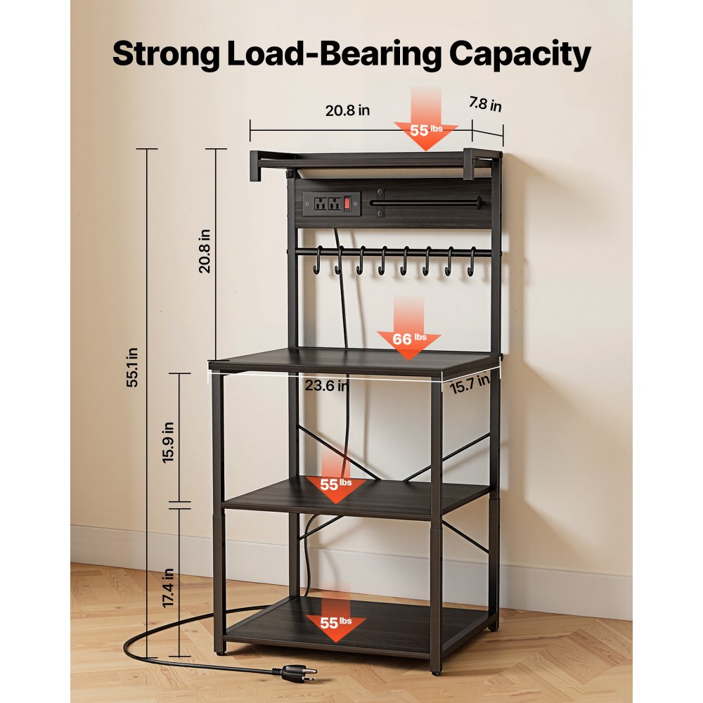 VEVOR Kitchen Bakers Rack, 4.6ft Power Cable Bakers Rack with Power Outlet, Kitchen Stand with X-Shaped Support Bar, 8