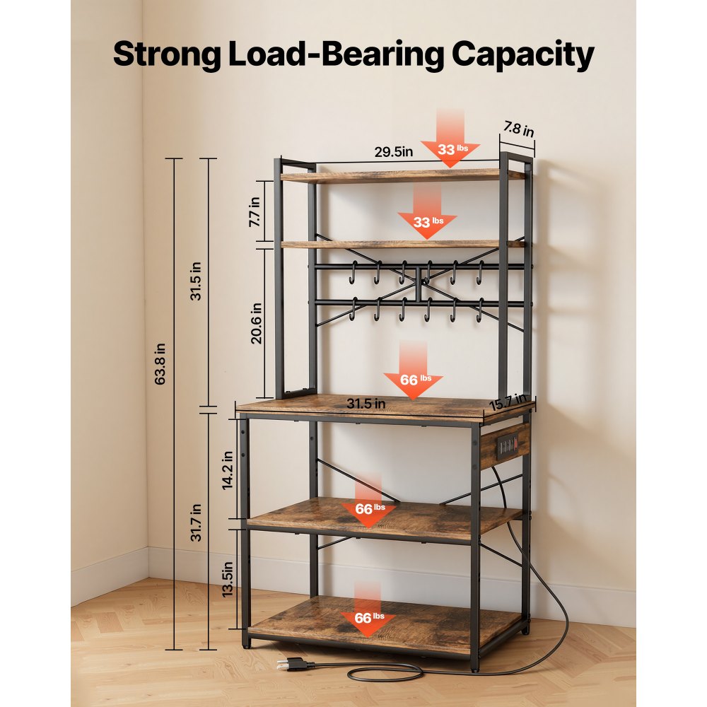 VEVOR Kitchen Bakers Rack, 5 ft Power Cable Bakers Rack with Power Outlet, Kitchen Stand with X-Shaped Support Bar, 12