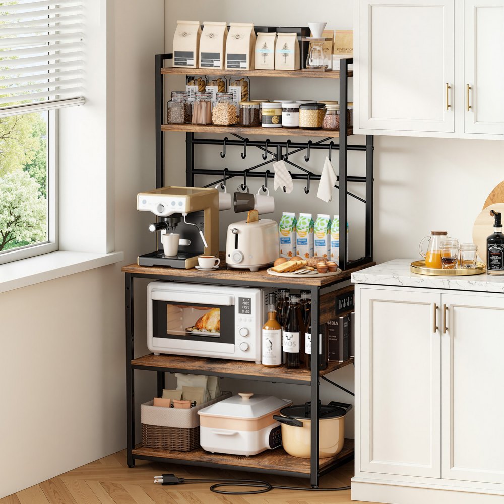 VEVOR Kitchen Bakers Rack, 5 ft Power Cable Bakers Rack with Power Outlet, Kitchen Stand with X-Shaped Support Bar, 12