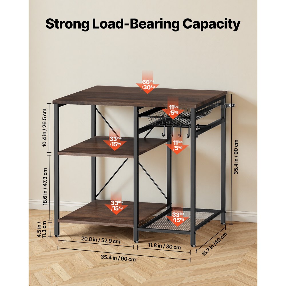 VEVOR Kitchen Bakers Rack, 35.4 inch Width Bakers Rack, Kitchen Stand with X-Shaped Support Bar, 5 S-Shaped Hooks