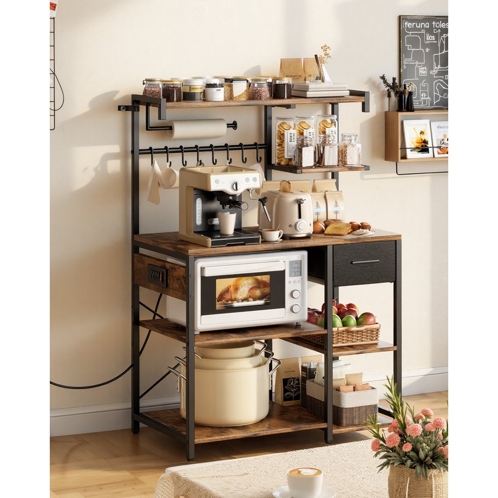 VEVOR Kitchen Bakers Rack, 4.6ft Power Cable Bakers Rack with Power Outlet, Kitchen Stand with X-Shaped Support Bar, 8