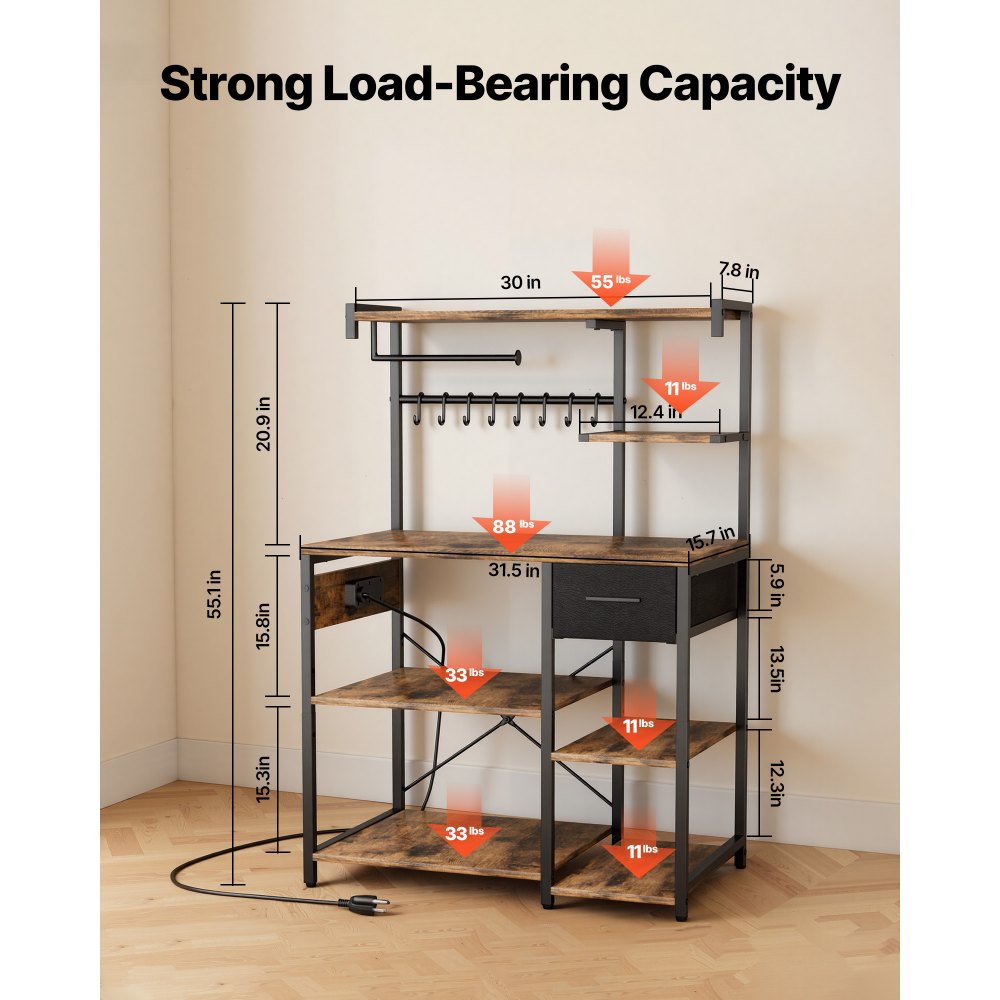 VEVOR Kitchen Bakers Rack, 4.6ft Power Cable Bakers Rack with Power Outlet, Kitchen Stand with X-Shaped Support Bar, 8