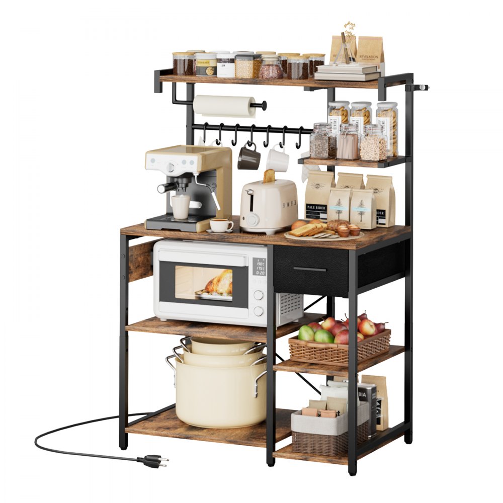 VEVOR Kitchen Bakers Rack, 4.6ft Power Cable Bakers Rack with Power Outlet, Kitchen Stand with X-Shaped Support Bar, 8