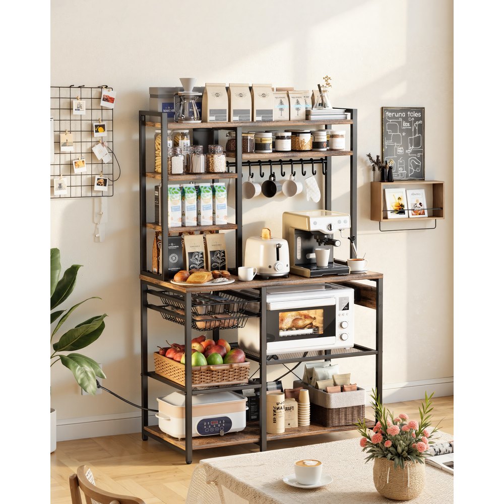 VEVOR Kitchen Bakers Rack, 5 ft Power Cable Bakers Rack with Power Outlet, Kitchen Stand with X-Shaped Support Bar, 10