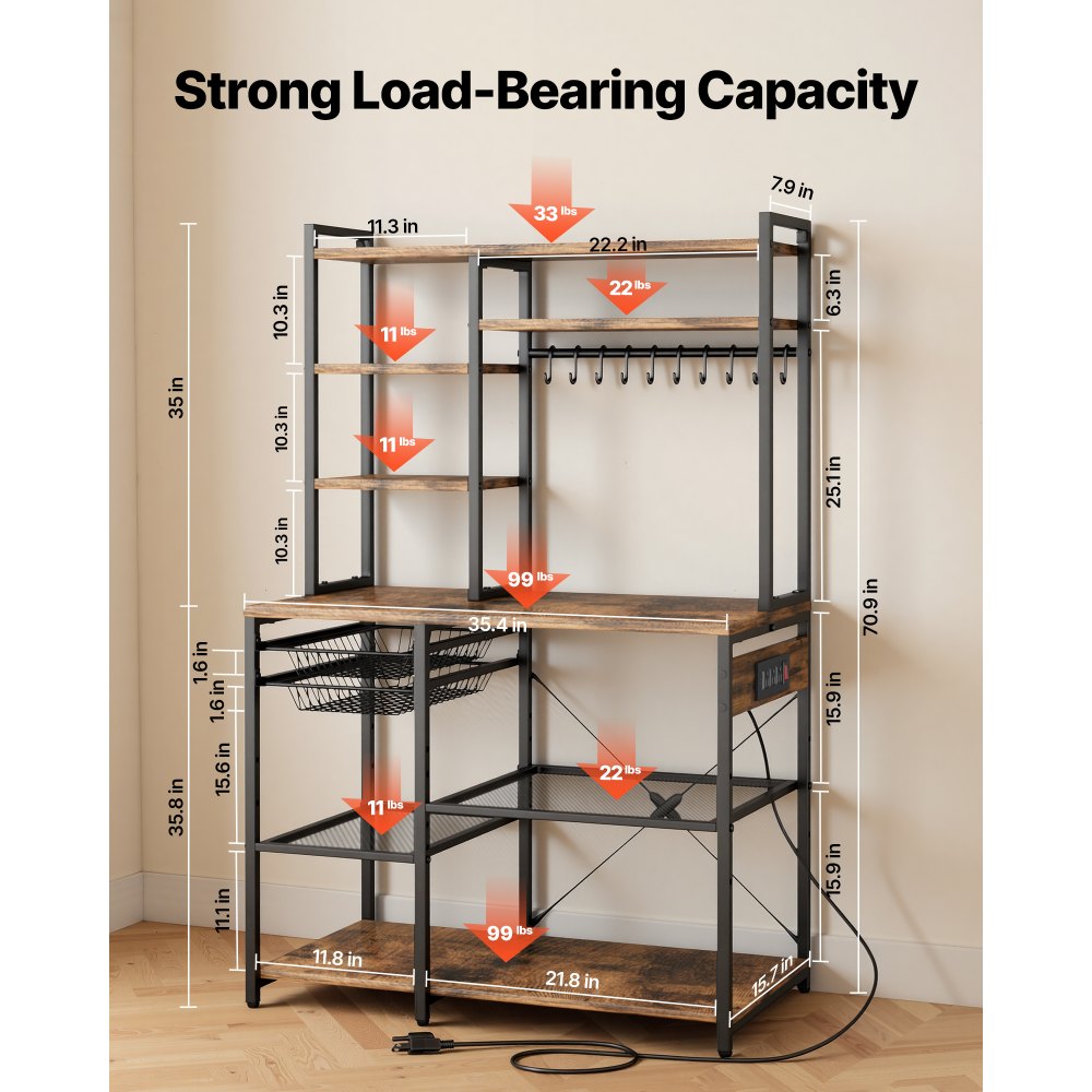 VEVOR Kitchen Bakers Rack, 5 ft Power Cable Bakers Rack with Power Outlet, Kitchen Stand with X-Shaped Support Bar, 10
