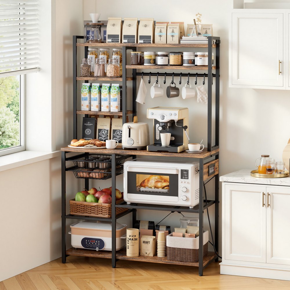 VEVOR Kitchen Bakers Rack, 5 ft Power Cable Bakers Rack with Power Outlet, Kitchen Stand with X-Shaped Support Bar, 10