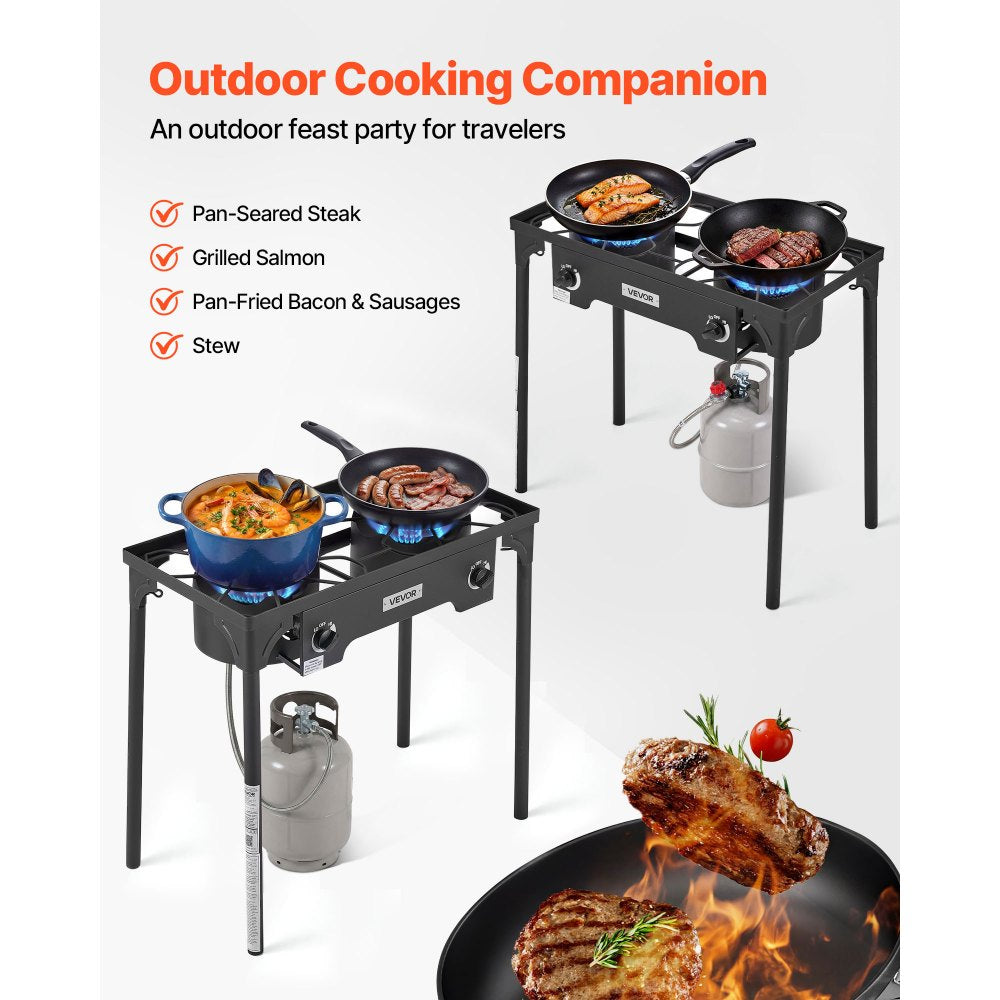 VEVOR 2 Burner Outdoor Propane Gas Stove, 150,000 BTU Propane LPG Gas Camping Stove, Heavy Duty Carbon Steel Outdoor