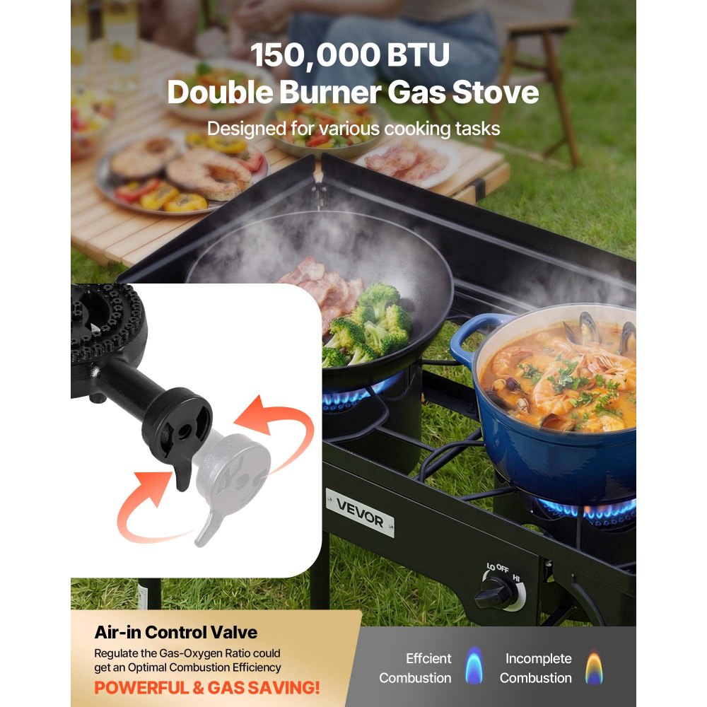 VEVOR 2 Burner Outdoor Propane Gas Stove, 150,000 BTU Propane LPG Gas Camping Stove, Heavy Duty Carbon Steel Outdoor