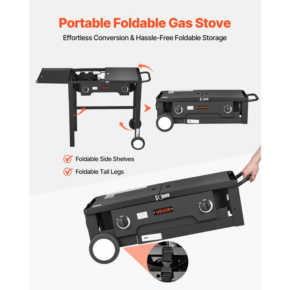 VEVOR 2 Burner Outdoor Propane Gas Stove, 150,000 BTU Propane LPG Gas Camping Stove, Foldable Heavy-duty Carbon Steel