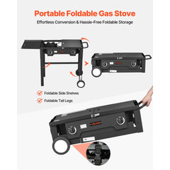 VEVOR 2 Burner Outdoor Propane Gas Stove, 150,000 BTU Propane LPG Gas Camping Stove, Foldable Heavy-duty Carbon Steel