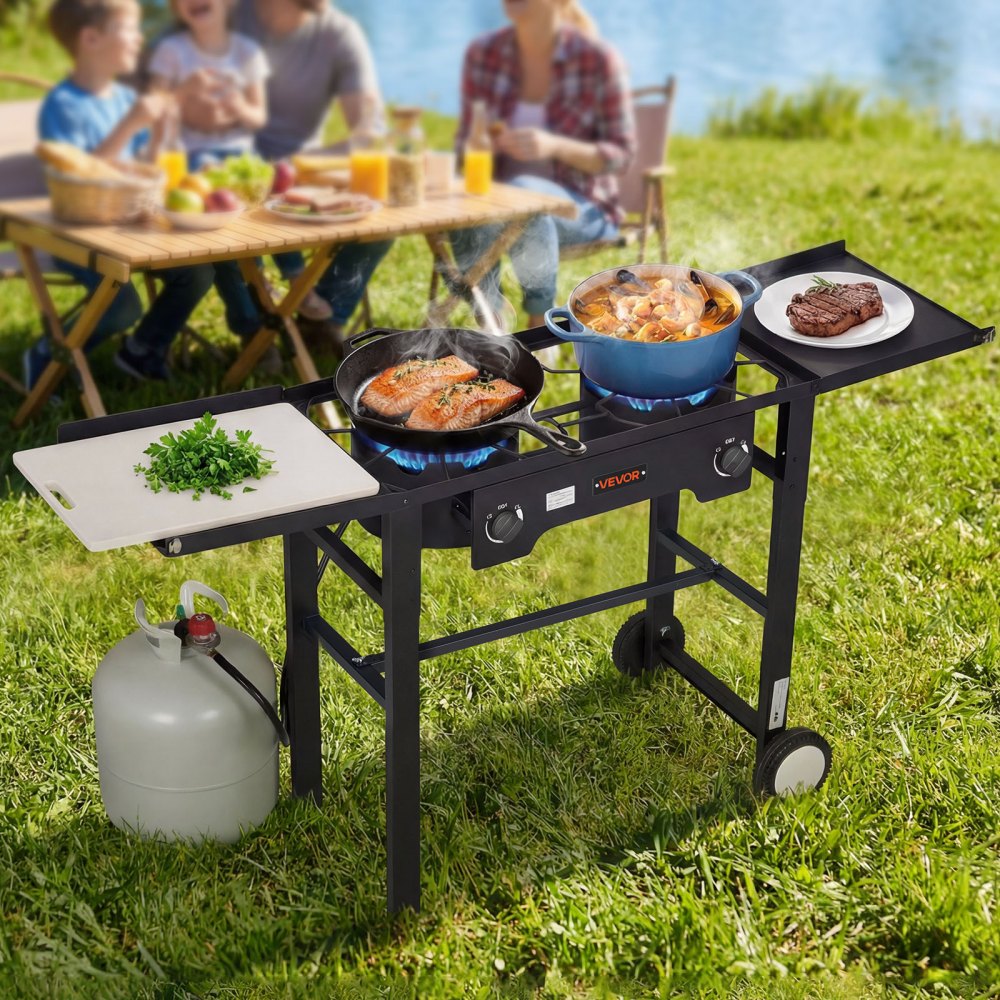 VEVOR 2 Burner Outdoor Propane Gas Stove, 150,000 BTU Propane LPG Gas Camping Stove, Foldable Heavy-duty Carbon Steel