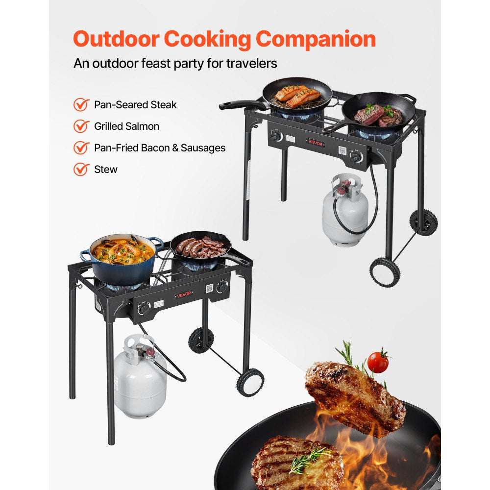 VEVOR 2 Burner Outdoor Propane Gas Stove, 150,000 BTU Propane LPG Gas Camping Stove, Heavy-duty Carbon Steel Outdoor