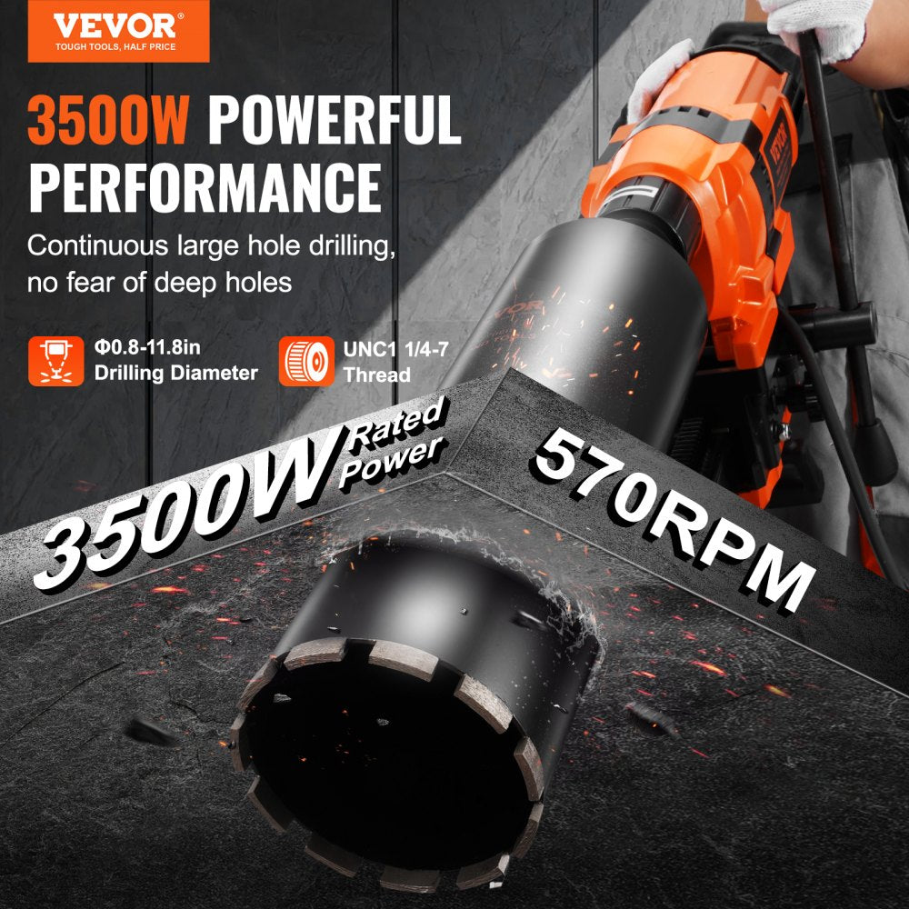 VEVOR Core Drill Machine, 0.8-11.8in Drilling Diameter Diamond Core Drill Rig with Stand and Core Drill Bit, 3500W