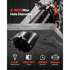 VEVOR Diamond Core Drilling Machine, 0.8-8 in Drilling Diameter, Stand-Mount Dry and Wet Concrete Core Drill Rig with 8
