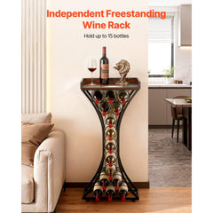VEVOR 15 Bottle Wine Rack, Freestanding Floor Wine Holder Stand Liquor Cabinet with Wood Tabletop, Easy Assembly Floor