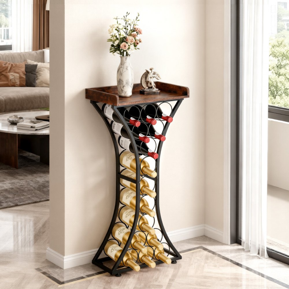 VEVOR 15 Bottle Wine Rack, Freestanding Floor Wine Holder Stand Liquor Cabinet with Wood Tabletop, Easy Assembly Floor