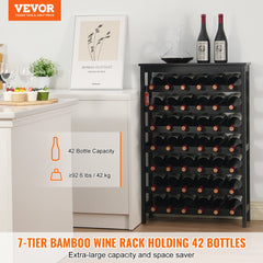 VEVOR 42 Bottle Modular Wine Rack, 7-Tier Solid Bamboo Wood Storage Racks with Table Top, Floor Freestanding Wines