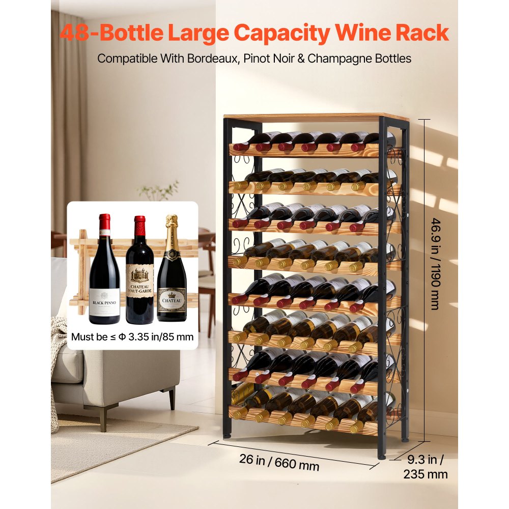 VEVOR 48 Bottle Wine Rack,8-Tier Wine Bottle Holder,Freestanding Floor Display Wine Storage Shelves with Wood Table