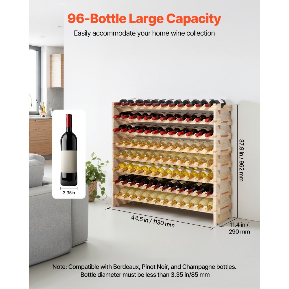 VEVOR 96 Bottle Stackable Modular Wine Rack, 8-Tier Wine Bottle Holder,Solid Wood Floor Freestanding Wine Storage Rack