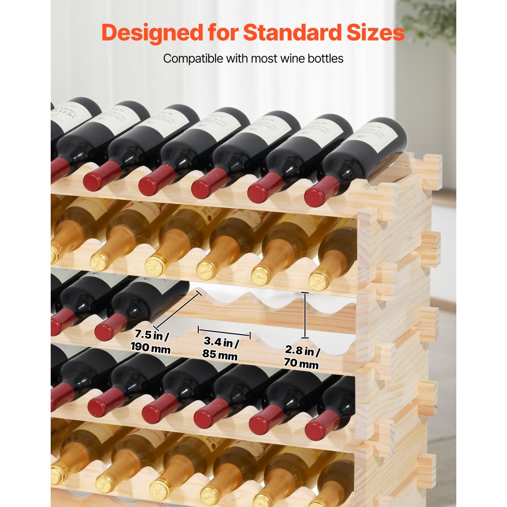 VEVOR 96 Bottle Stackable Modular Wine Rack, 8-Tier Wine Bottle Holder,Solid Wood Floor Freestanding Wine Storage Rack
