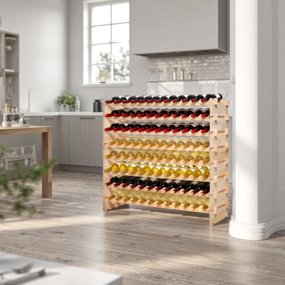 VEVOR 96 Bottle Stackable Modular Wine Rack, 8-Tier Wine Bottle Holder,Solid Wood Floor Freestanding Wine Storage Rack