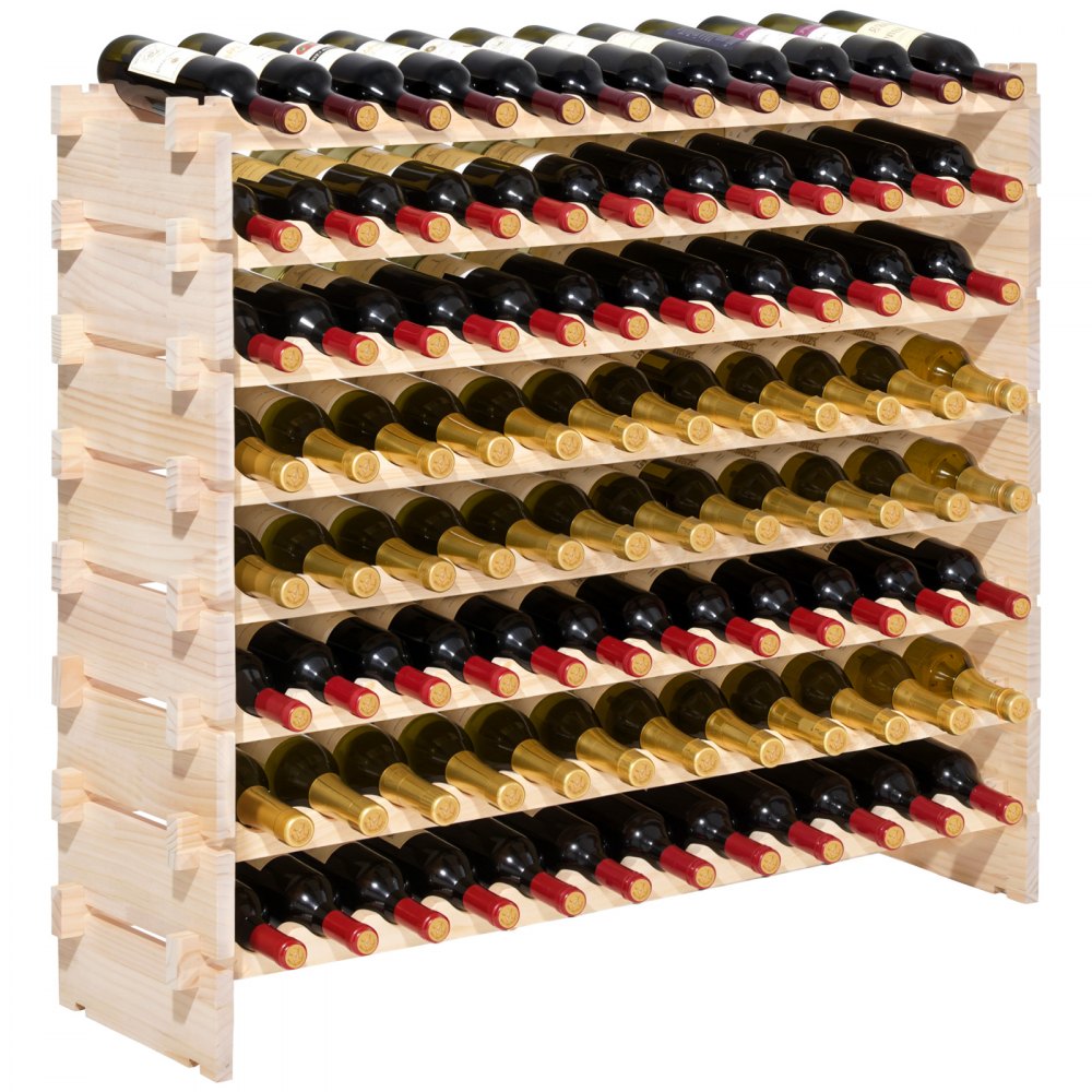 VEVOR 96 Bottle Stackable Modular Wine Rack, 8-Tier Wine Bottle Holder,Solid Wood Floor Freestanding Wine Storage Rack