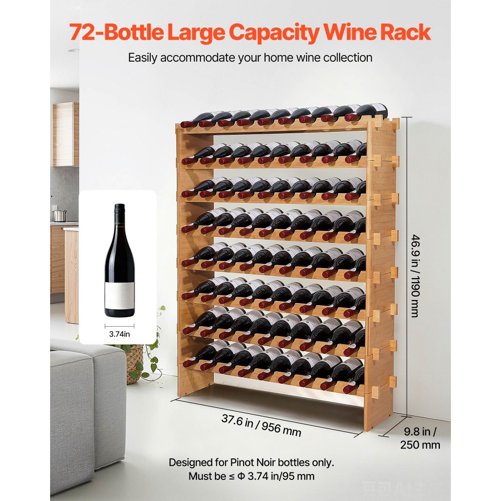 VEVOR 72 Bottle Stackable Modular Wine Rack, 8-Tier, Floor Freestanding Wine Storage Rack, Sturdy Wines Holder Display