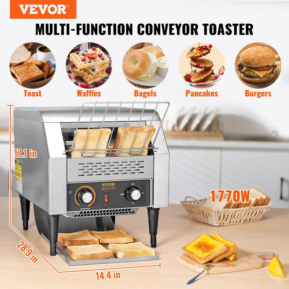 VEVOR Commercial Conveyor Toaster, 300 Slices/Hour Conveyor Belt Toaster, Heavy Duty Stainless Steel Commercial Toaster