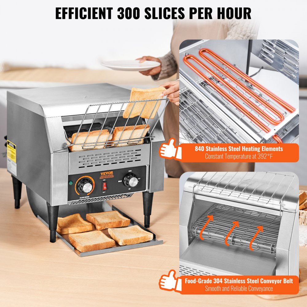 VEVOR Commercial Conveyor Toaster, 300 Slices/Hour Conveyor Belt Toaster, Heavy Duty Stainless Steel Commercial Toaster