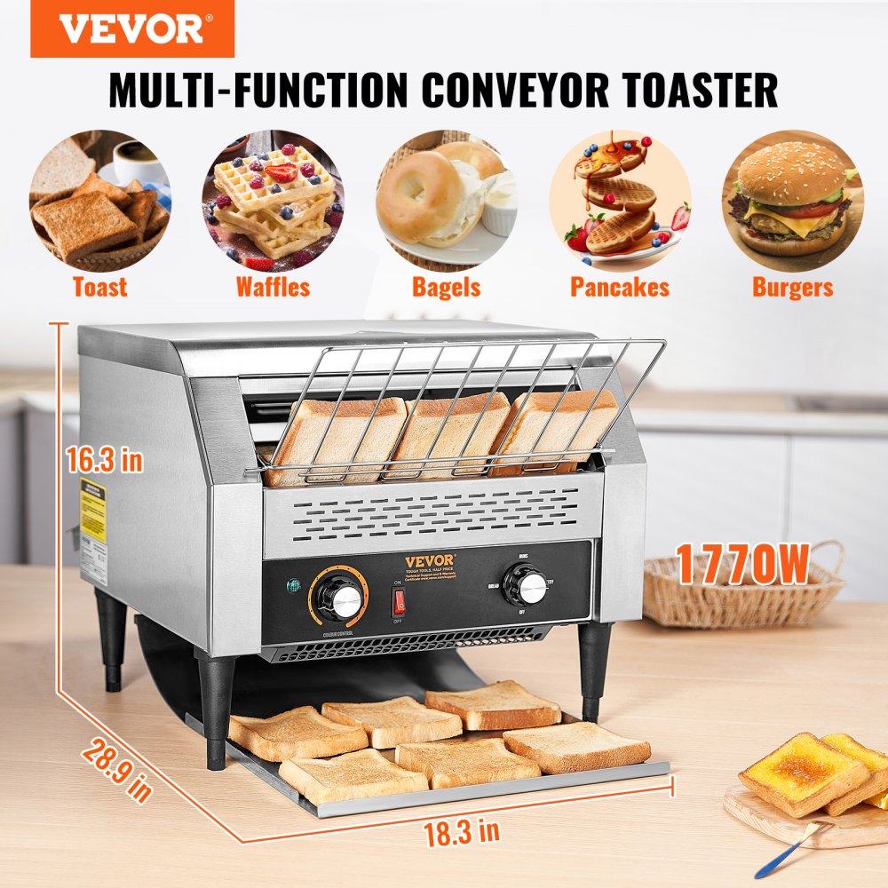 VEVOR Commercial Conveyor Toaster, 450 Slices/Hour Conveyor Belt Toaster, Heavy Duty Stainless Steel Commercial Toaster