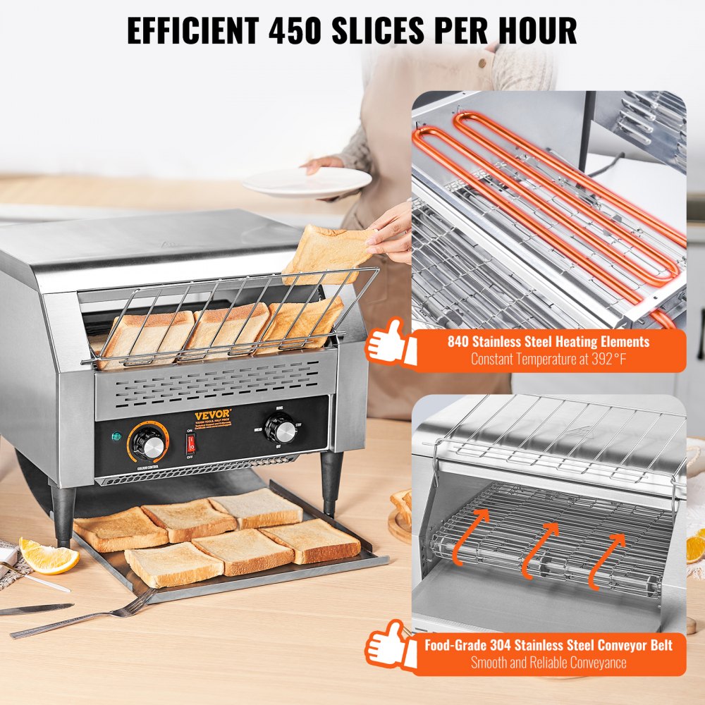 VEVOR Commercial Conveyor Toaster, 450 Slices/Hour Conveyor Belt Toaster, Heavy Duty Stainless Steel Commercial Toaster