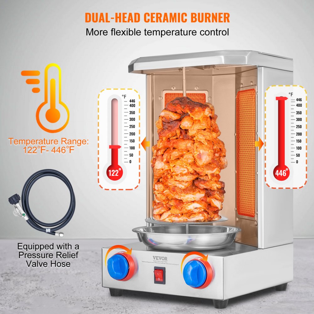 VEVOR Shawarma Grill Machine, 13 lbs Capacity, Chicken Shawarma Cooker Machine with 2 Burners, Gas Vertical Broiler