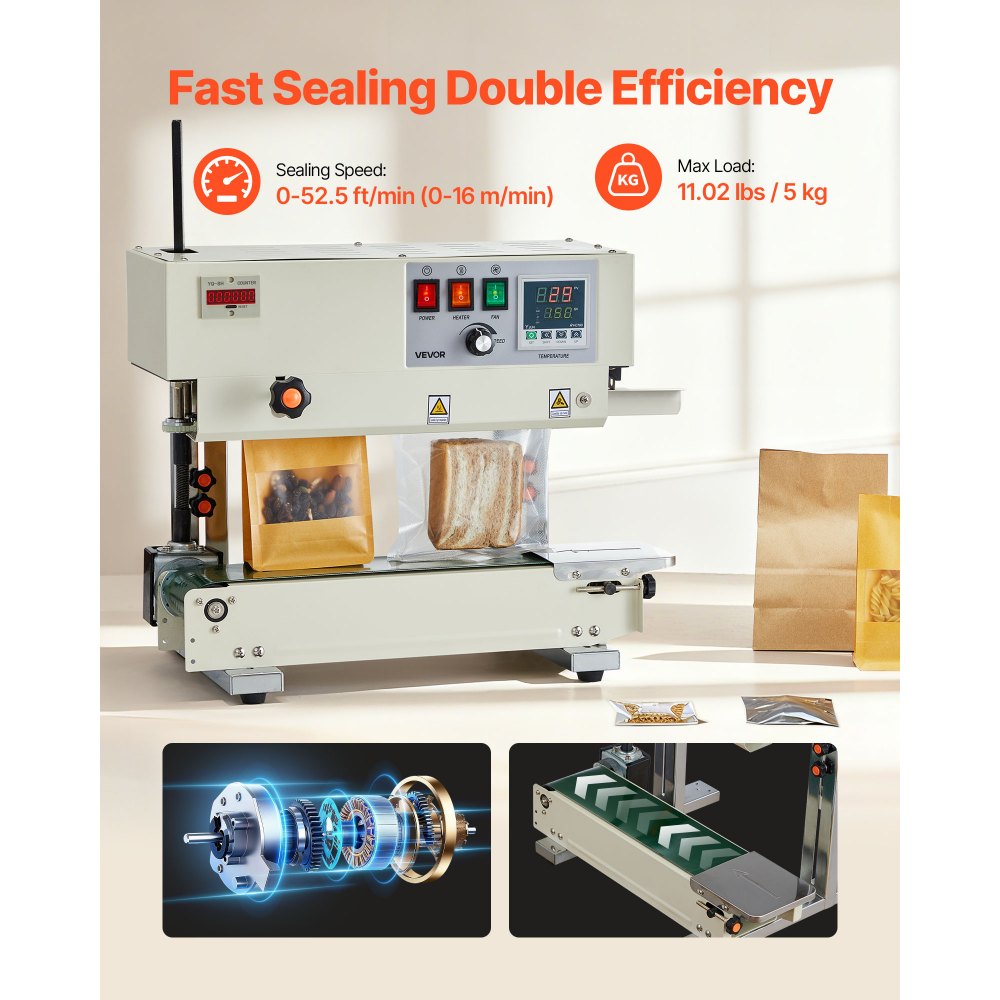 VEVOR Continuous Bag Band Sealing Machine, 0.24-0.47 in Seal Width, Vertical Band Sealer Machine with Roller Printing