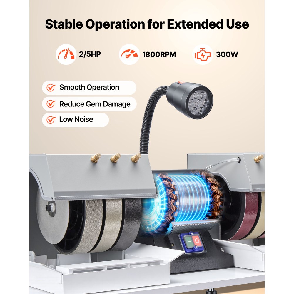 VEVOR Cabbing Machine, 8" 3/4 HP 1800 RPM Efficient, Lapidary Rock Grinder Polisher With Diamond and Resin Wheels, LED