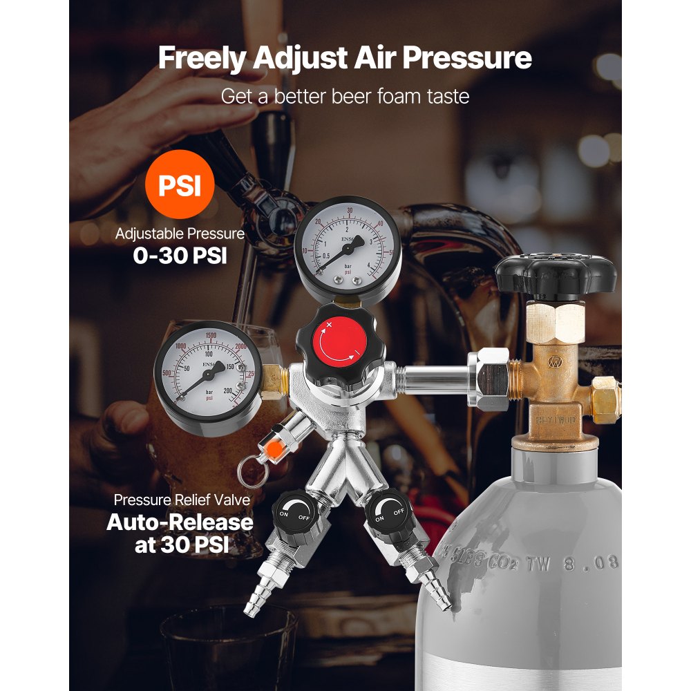 VEVOR CO2 Regulator, Dual-Gauge Dual-Valve Beer Keg Regulator, 0-60 PSI Adjustable Pressure, Heavy-Duty CO2 Tank Gas