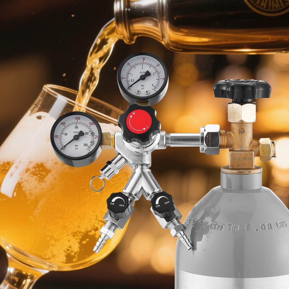 VEVOR CO2 Regulator, Dual-Gauge Dual-Valve Beer Keg Regulator, 0-60 PSI Adjustable Pressure, Heavy-Duty CO2 Tank Gas
