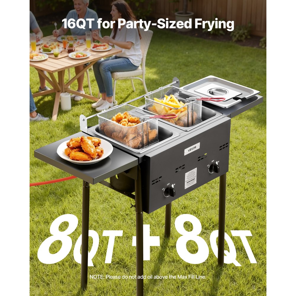 VEVOR Outdoor Propane Deep Fryer, Dual-Tank 8QTx2 Commercial Fryer, Stainless Steel Cooker with Foldable Platform, Dual