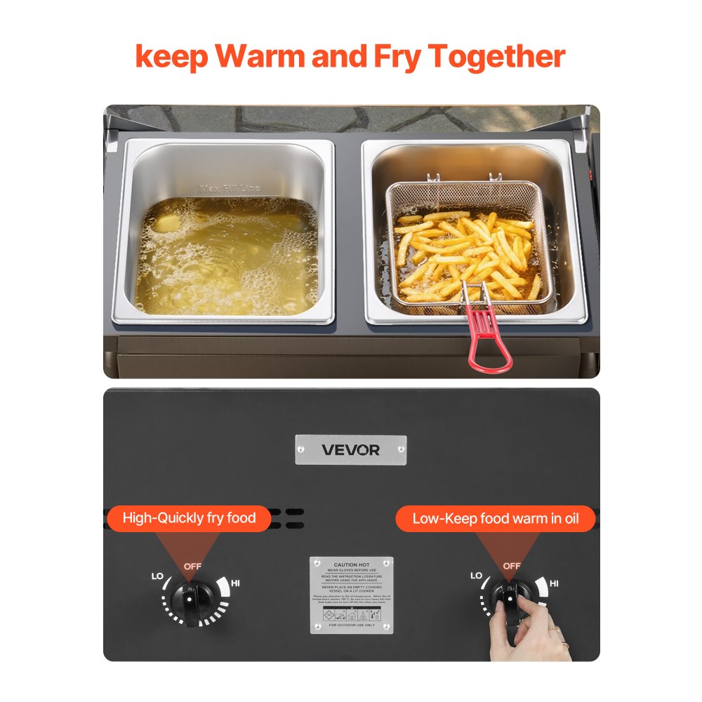 VEVOR Outdoor Propane Deep Fryer, Dual-Tank 8QTx2 Commercial Fryer, Stainless Steel Cooker with Foldable Platform, Dual