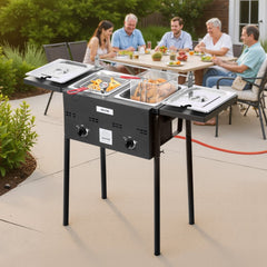 VEVOR Outdoor Propane Deep Fryer, Dual-Tank 8QTx2 Commercial Fryer, Stainless Steel Cooker with Foldable Platform, Dual