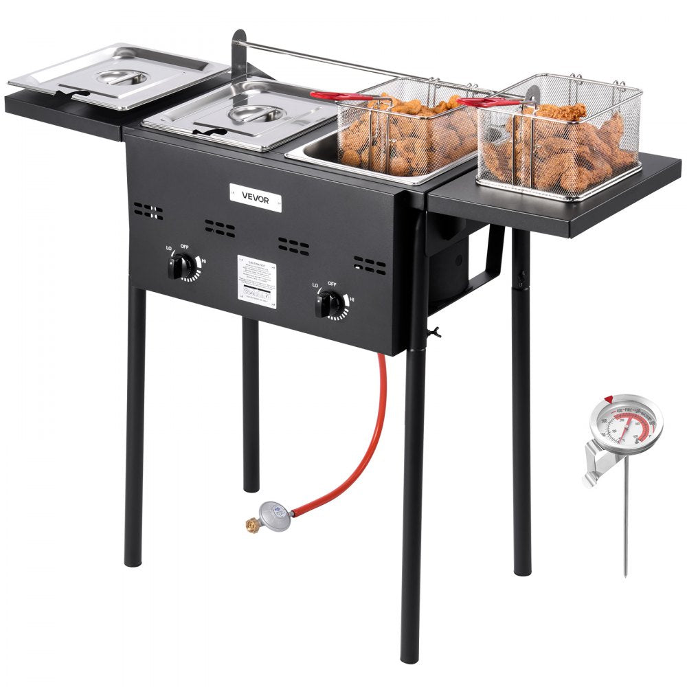 VEVOR Outdoor Propane Deep Fryer, Dual-Tank 8QTx2 Commercial Fryer, Stainless Steel Cooker with Foldable Platform, Dual