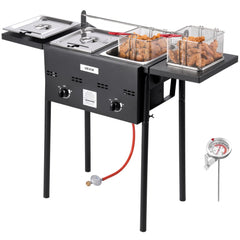 VEVOR Outdoor Propane Deep Fryer, Dual-Tank 8QTx2 Commercial Fryer, Stainless Steel Cooker with Foldable Platform, Dual