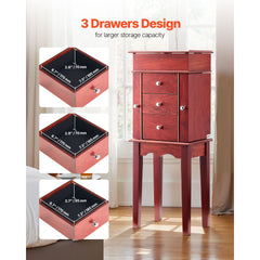 VEVOR Jewelry Cabinet Armoire, Standing Wood Jewelry Storage Chest with 3 Drawers, Flip Top Mirror, 4 Top Storage