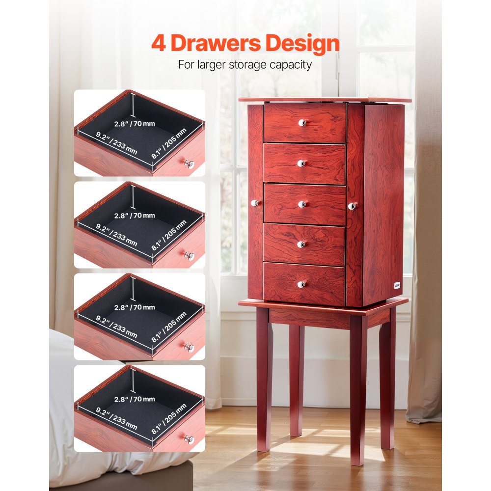 VEVOR Jewelry Cabinet Armoire, Standing Wood Jewelry Storage Chest with 4 Spacious Drawers, Flip Top Mirror, 4 Top