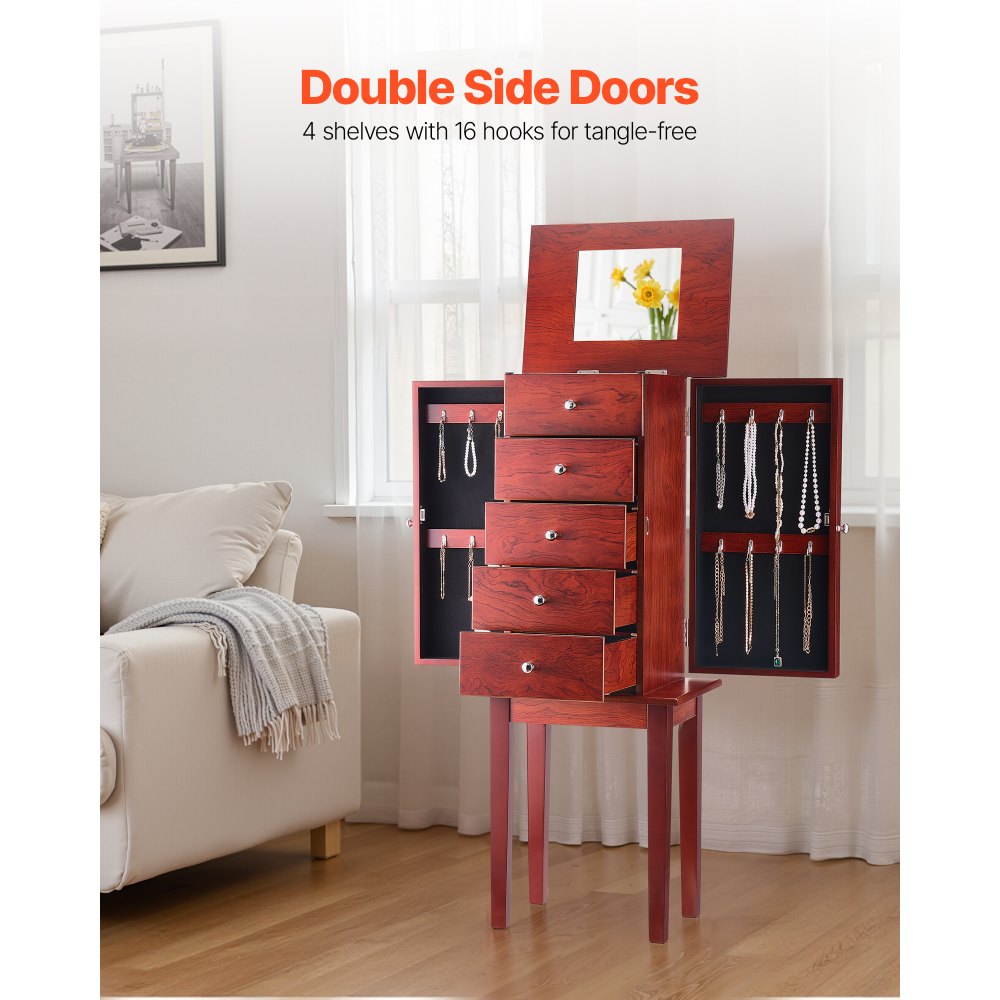 VEVOR Jewelry Cabinet Armoire, Standing Wood Jewelry Storage Chest with 4 Spacious Drawers, Flip Top Mirror, 4 Top