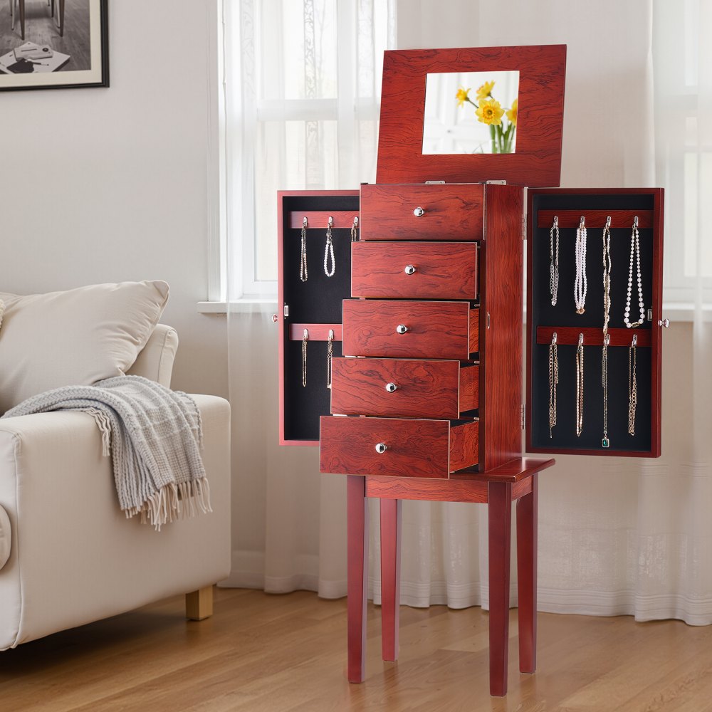 VEVOR Jewelry Cabinet Armoire, Standing Wood Jewelry Storage Chest with 4 Spacious Drawers, Flip Top Mirror, 4 Top
