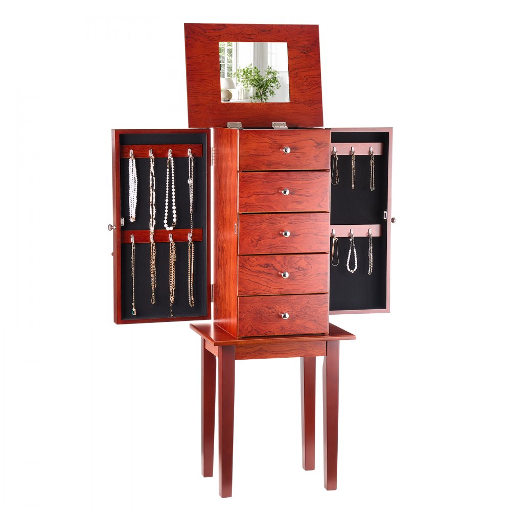 VEVOR Jewelry Cabinet Armoire, Standing Wood Jewelry Storage Chest with 4 Spacious Drawers, Flip Top Mirror, 4 Top