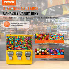 VEVOR Commercial Vending Machine, Triple Compartment Candy Dispenser with Iron Stand, Gumball and Candy Machine for