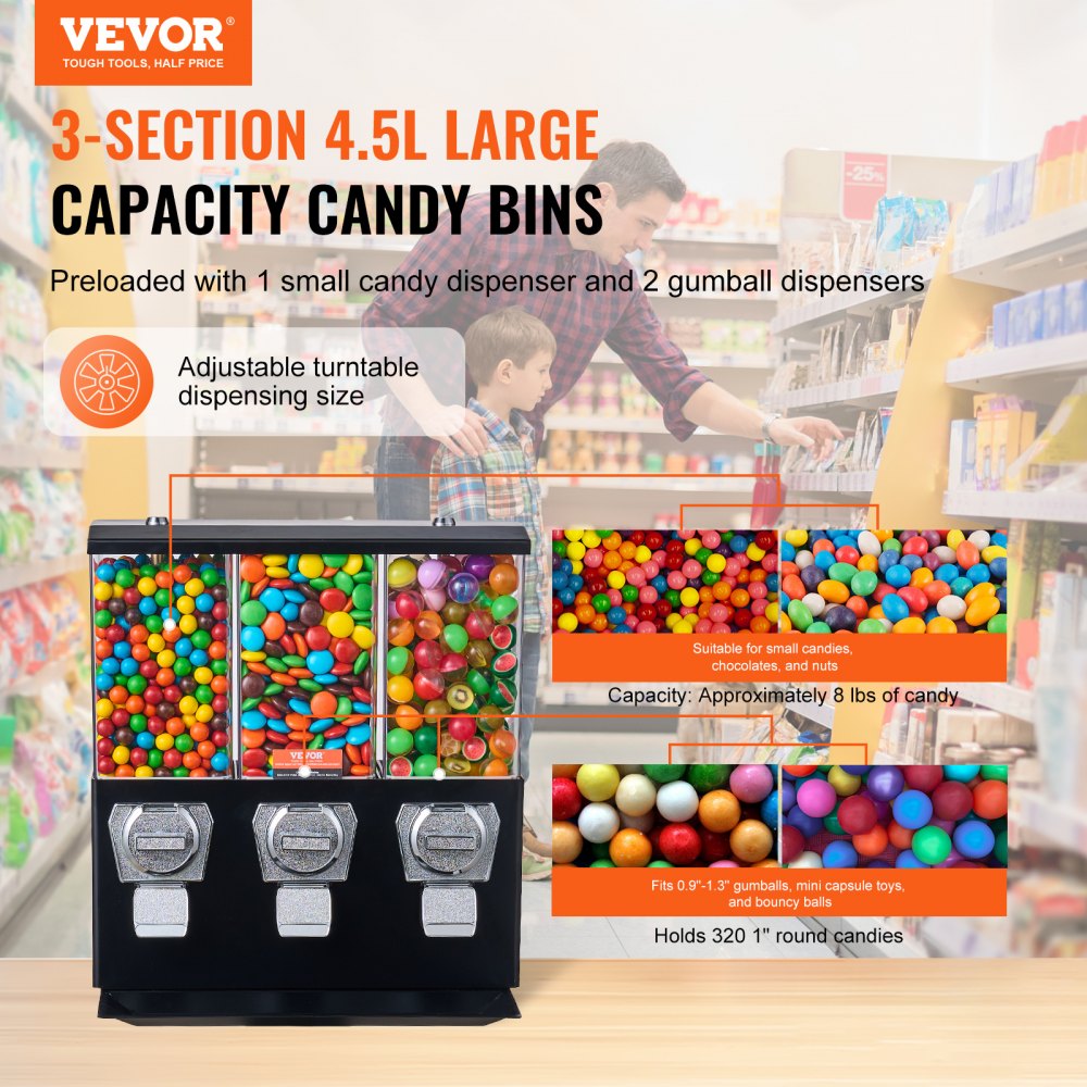 VEVOR Commercial Vending Machine, Triple Compartment Candy Dispenser with Iron Stand, Gumball and Candy Machine for