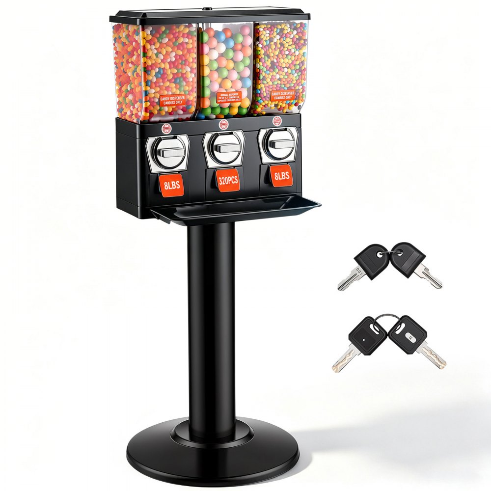VEVOR Commercial Vending Machine, Triple Compartment Candy Dispenser with Iron Stand, Gumball and Candy Machine for
