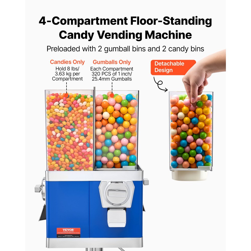 VEVOR Commercial Vending Machine, Four Compartment Rotatable Gumball and Candy Dispenser, Adjustable Height Coin